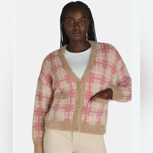 Plaid Knit Cardigan Sweater - Tan and Pink - Super Soft!
